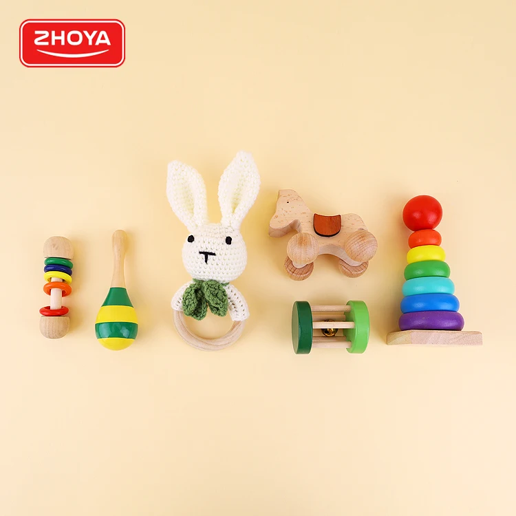 Novelty baby crochet rattle toys set wooden teether rattle baby bed bell rattle soothing toy baby gift toy set