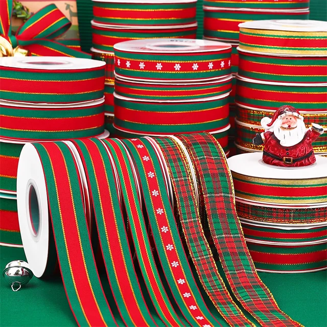 1cm-4cm 3/8-1 1/2inches 16-25yards plaid fabric christmas ribbon wire edge luxury red green bouquet gift ribbon for crafts