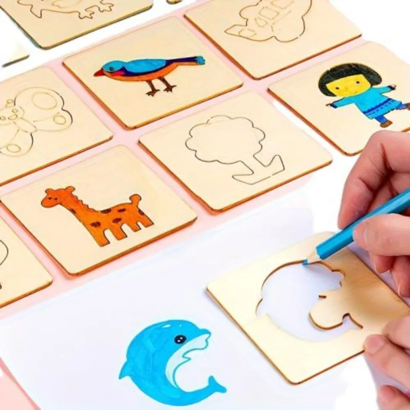 Wholesale Wooden Drawing Stencils Kit Board  Coloring Puzzle Arts Crafts  Educational brain Game Toys