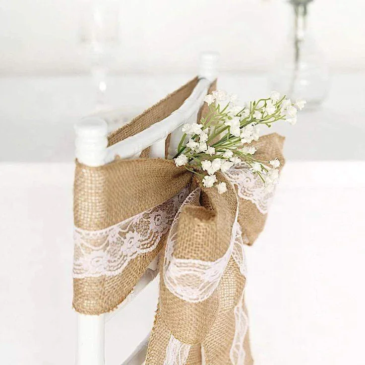 5x108 in Natural Burlap Chair Sash with White Floral Lace