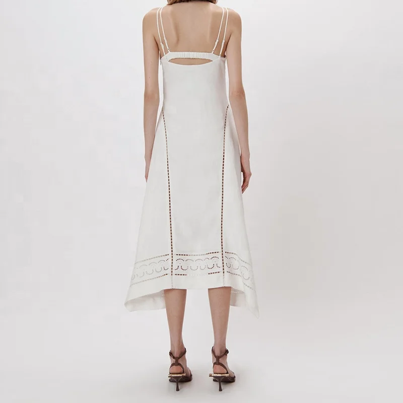 New Design Summer Thin Straps Khaki Linen Backless Dresses Wholesale White Linen Dress Women Silk Dress