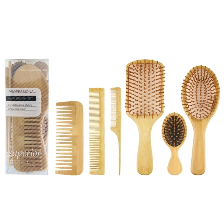 Wholesale Custom Logo 6 In 1 bamboo hairbrush Detangling hair brush set Detangling Brush For Beauty Salon
