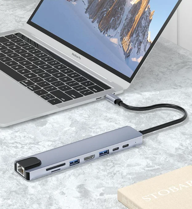 Adapter ABS Multiport 8 In 1 USB C Hub PD100W Powered Type C Docking Station with 4 USB3.0 Ports 5Gbps for pc