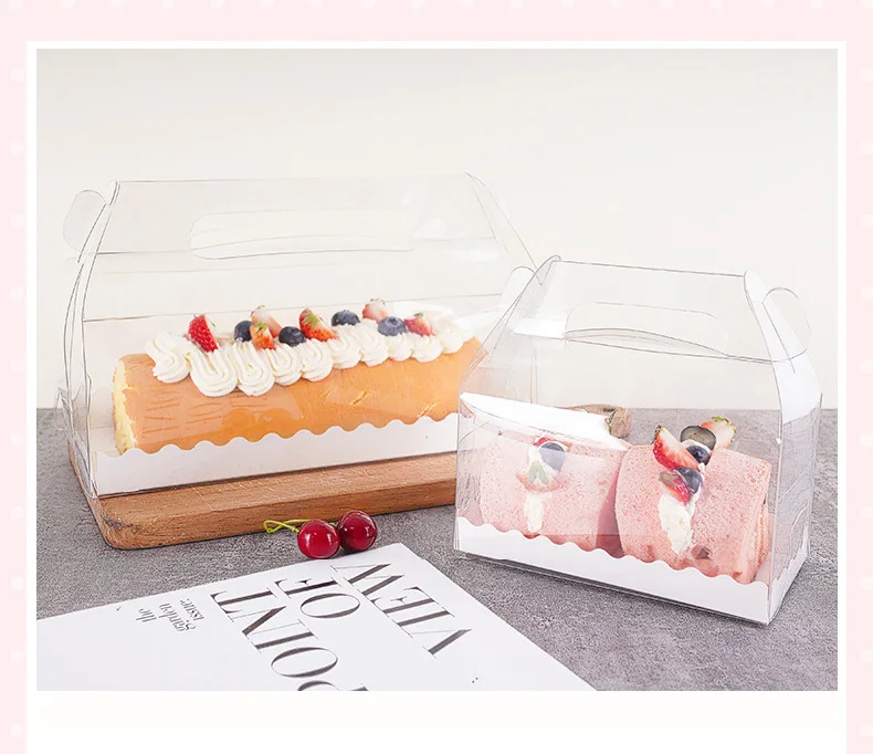 OEM 3in Height Elegant Long Full clear Lid Packaging Boxes Transparent Dessert swiss Roll Cake Pastry Box with Handle