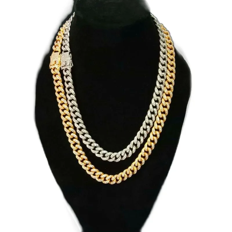 Wholesale Price Hip Hop Jewelry Sliver Gold Plated Hand Setting Rhinestone Diamond Miami Cuban Link Chain Necklace For Men
