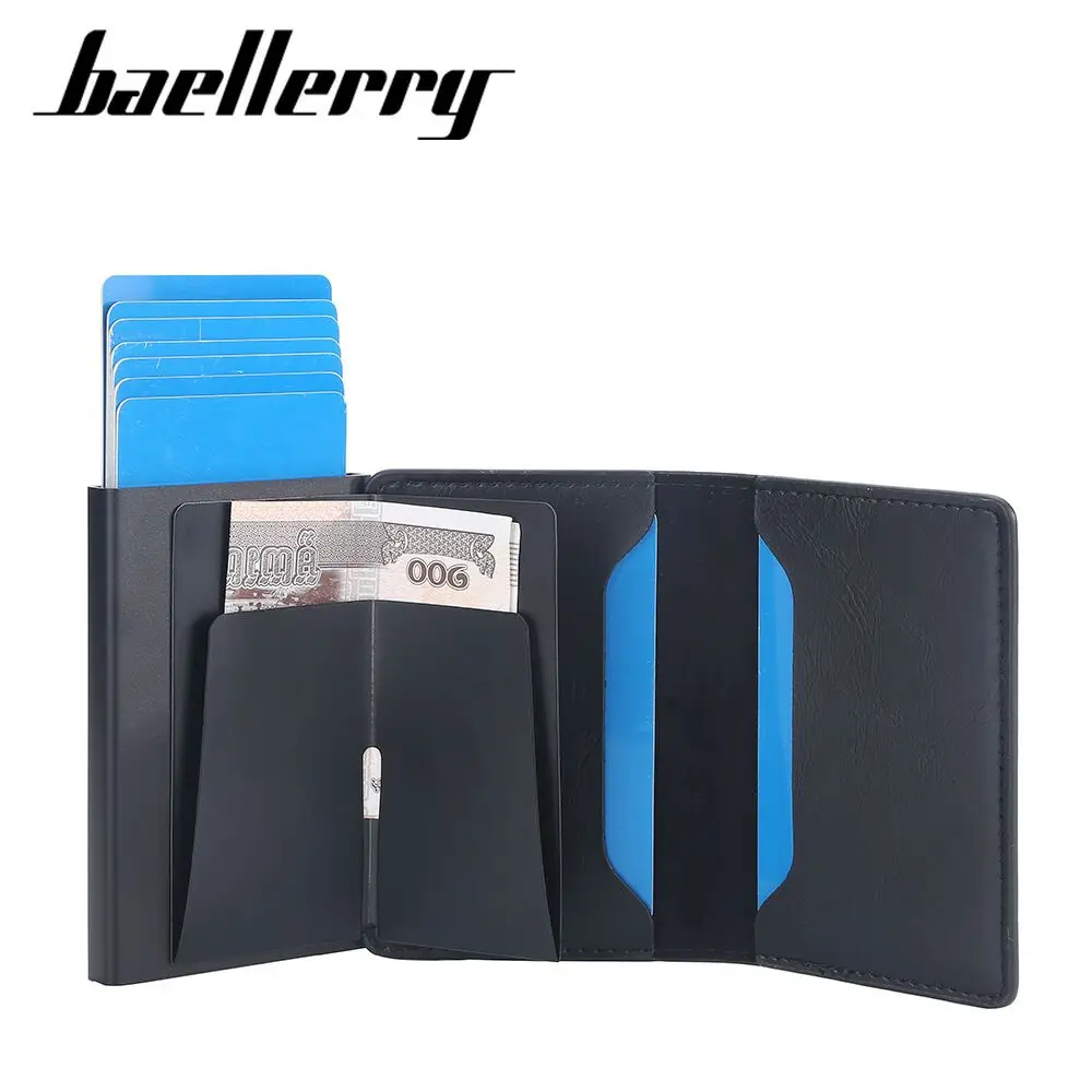 OEM baellerry latest men pop up wallets RFID Blocking Aluminum Automatic Credit Card Holder Case full pu leather pop up wallet