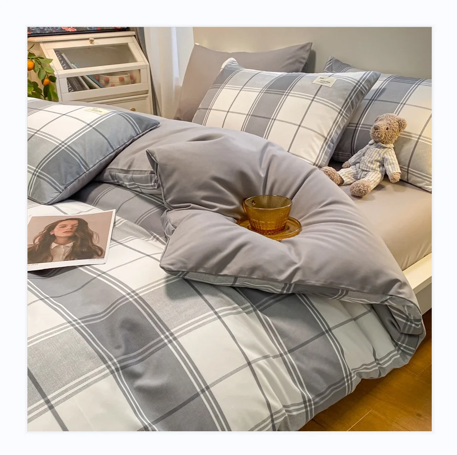 Wholesale Checkered Patterns Super King Flat Fitted Bed Sheet Set Printed Duvet Cover Bedding Sets
