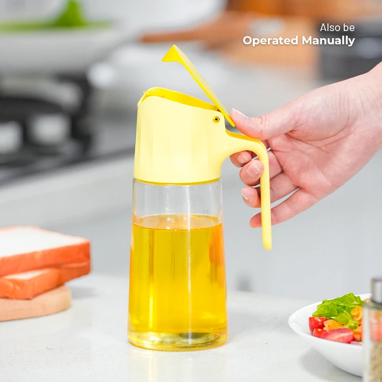kitchen automatic flip glass empty olive oil dispenser bottle with non-drip spout and handle for cooking