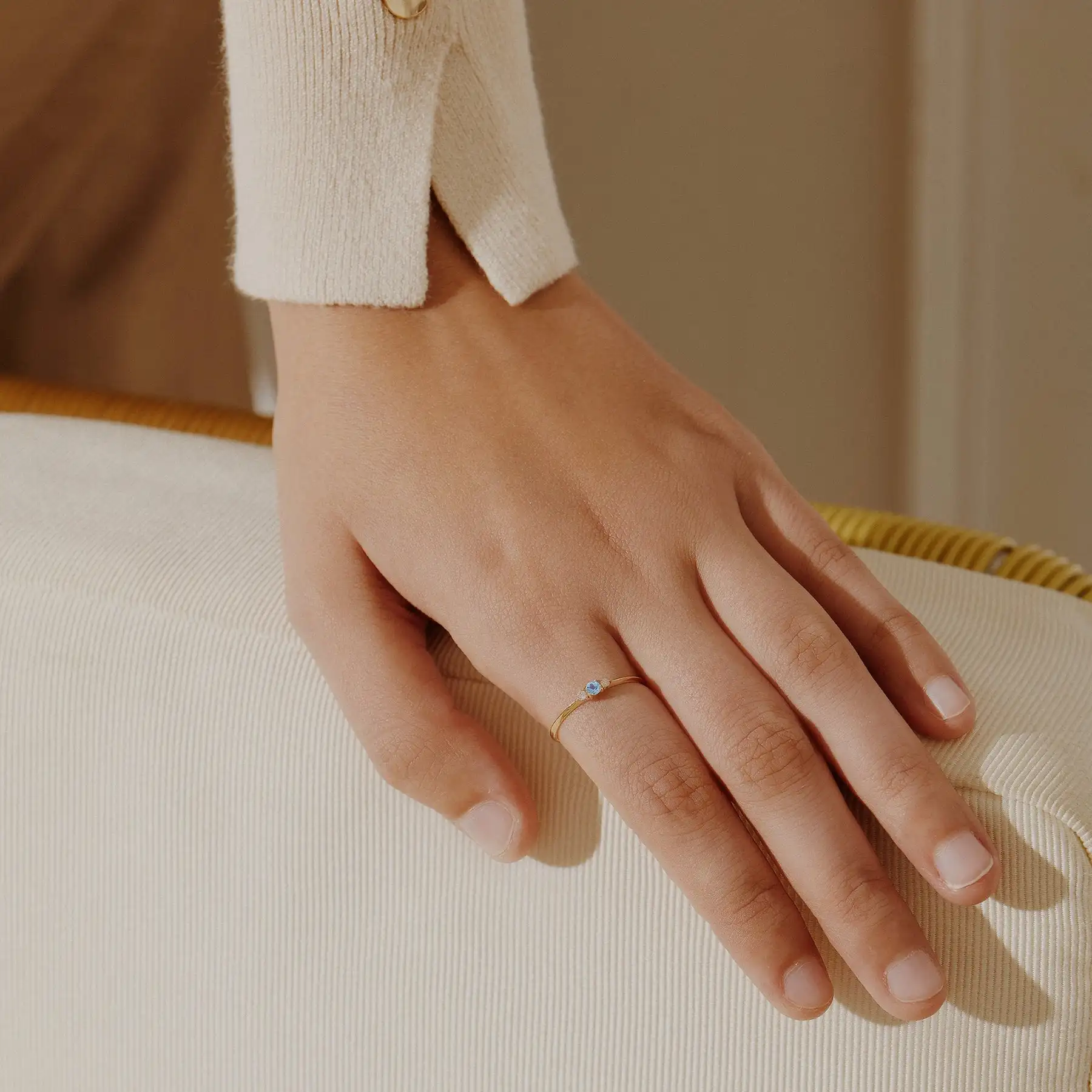 New Arrived Aqua Blue Birthday Stone Women Stacking 925 Sterling Silver 18K Gold Plated Ring