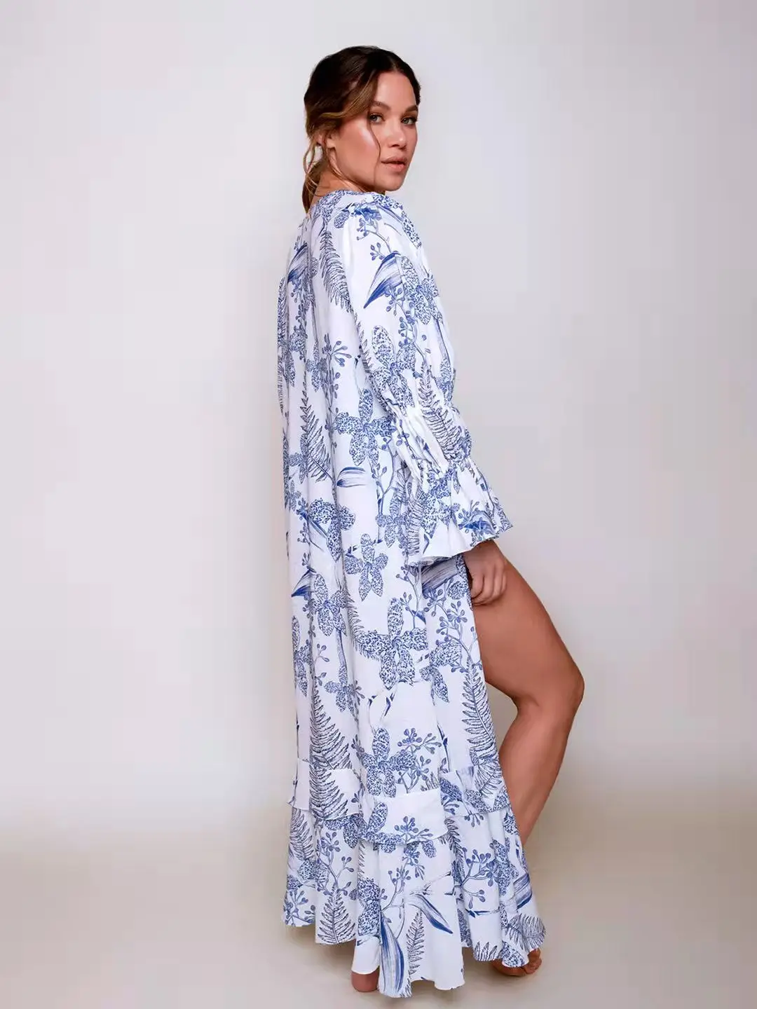 2022 New Women Straw Ring Belt Printed One Piece Swimsuit and Flared Sleeve Chiffon Cover Up Floral Print Beachwear Swimwear