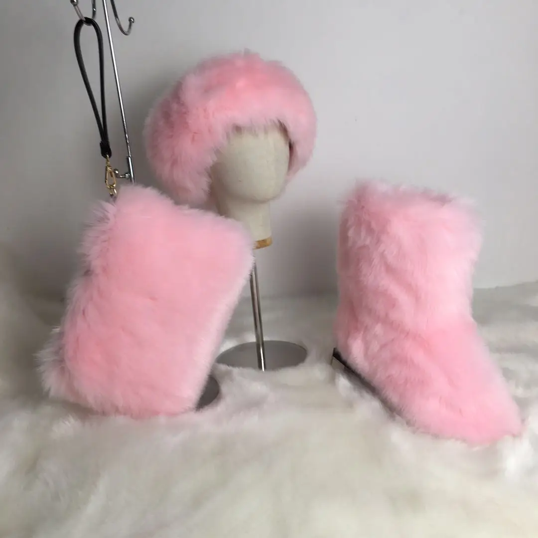 beautiful winter solid white color fur warm head band hat and snow boot women shoes sets combo for women and kids