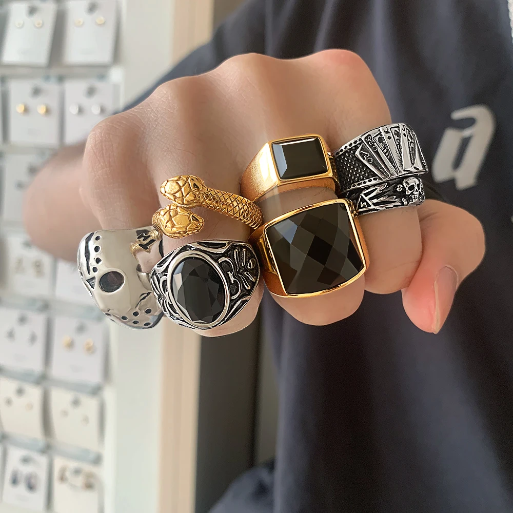  Dylam Men Jewelry 2021 Trendy Silver Gold Plated Chunky Agate Onyx Stainless Steel Rings For