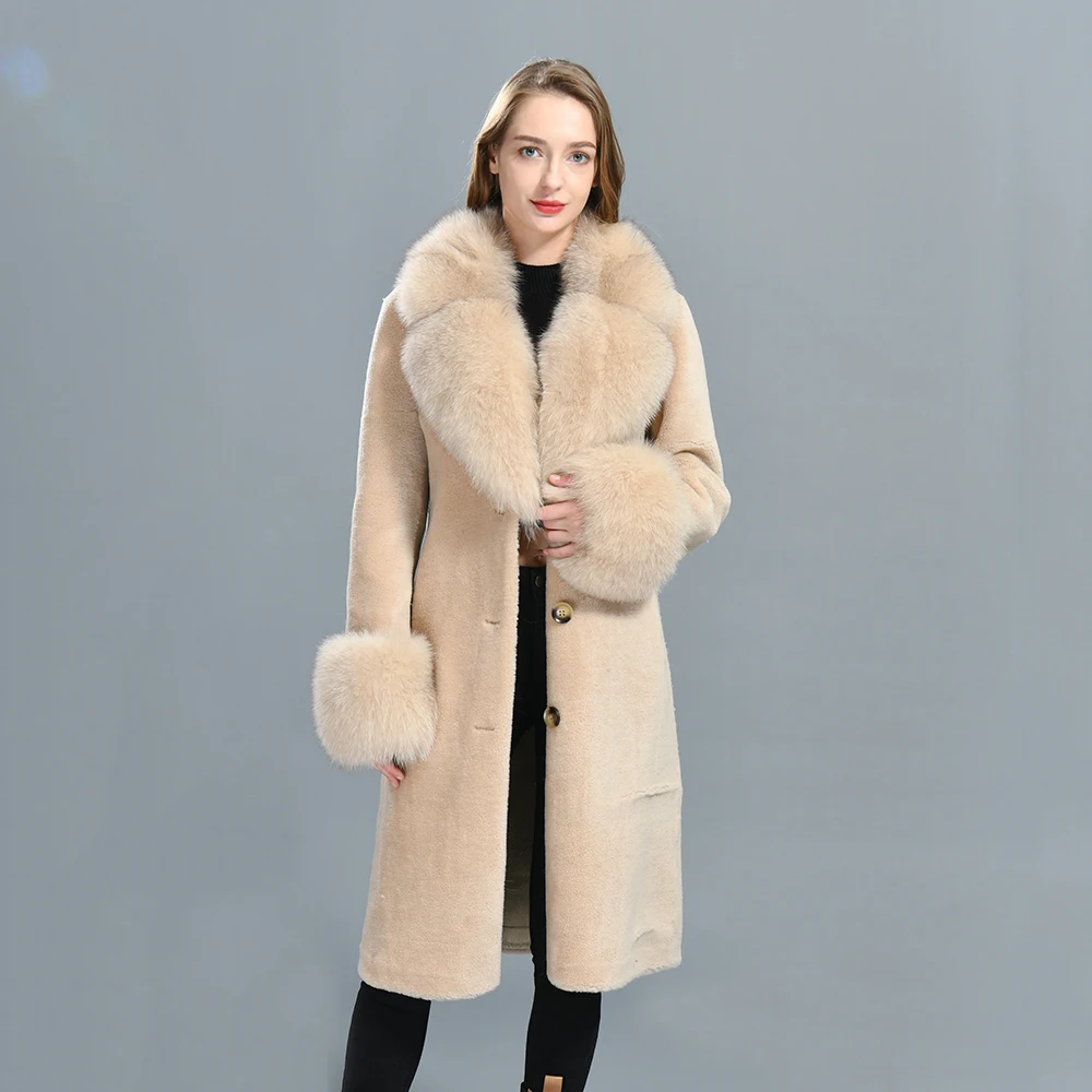 Women Winter Thick Warm Long Khaki Lamb Fur Skin Double Face Leather Coat Customize Long Shearling Coat Women