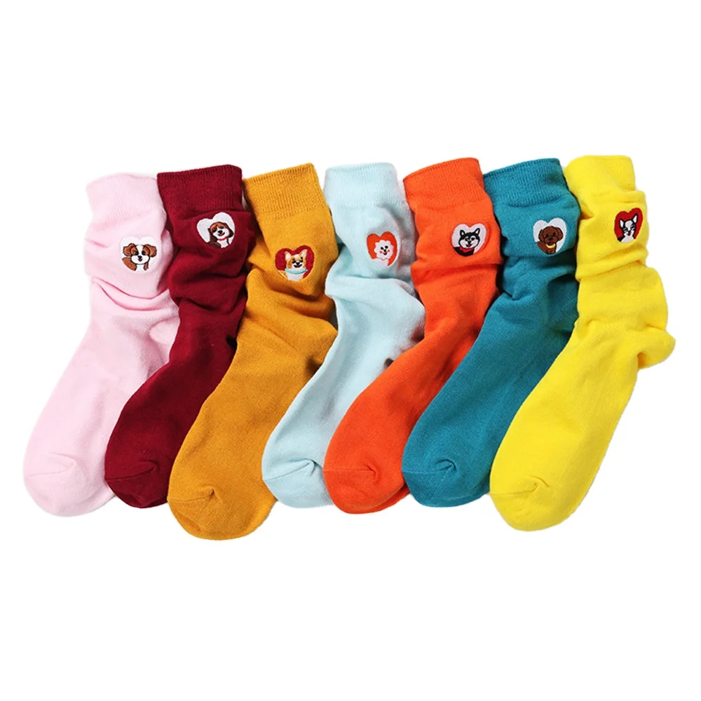high quality cotton embroidered cartoon tube socks cute lady grils long korea animal pet socks dog socks embroidery custom logo