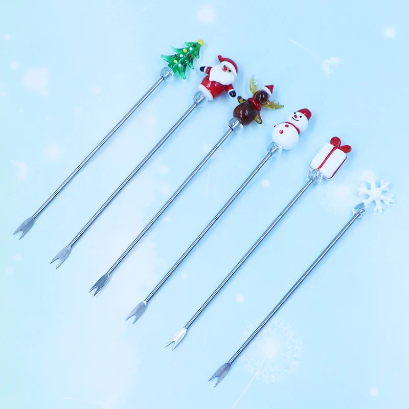 Factory Wholesale Christmas Holiday Series Sustainable Stainless Metal Fruit Fork With Glass Figurine Set