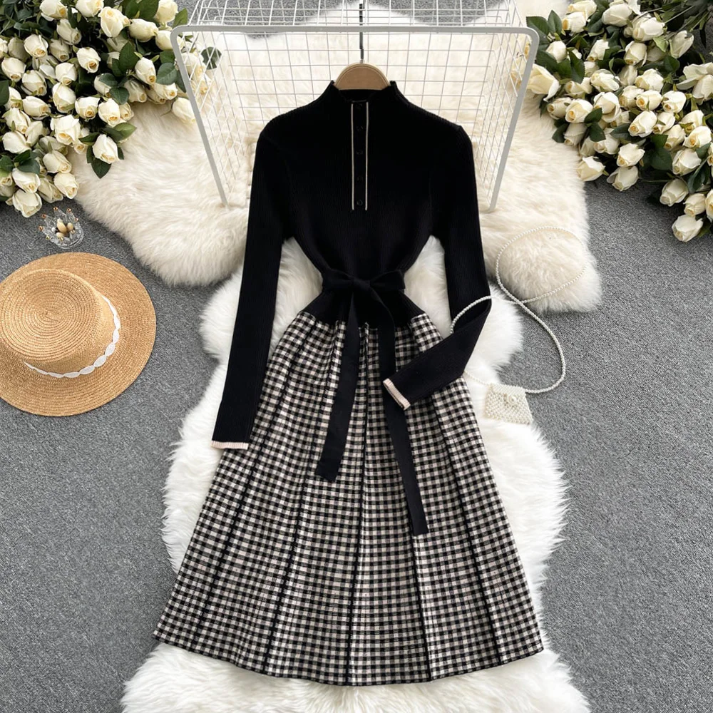 Custom autumn winter long sleeve knit slim collar long French plaid skirt knitted one piece dress