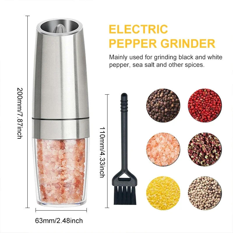 silver battery powered with LED light automatic operation stainless steel gravity electric mill pepper and salt grinder set