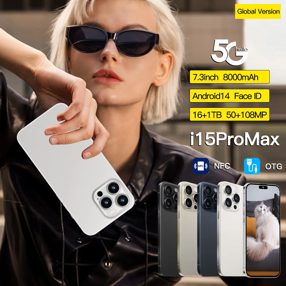 Best 15 Pro Max 4G/5G Smartphone Unlocked 16GB+1TB True Memory Dual SIM 128GB ROM HD Display 8000mAh 108MP US Version Gaming