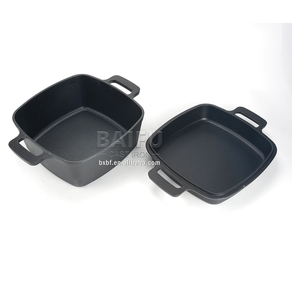 Pre seasoned or enameled with lid used as frying pan 2 in 1 combo cooker square cast iron double dutch oven