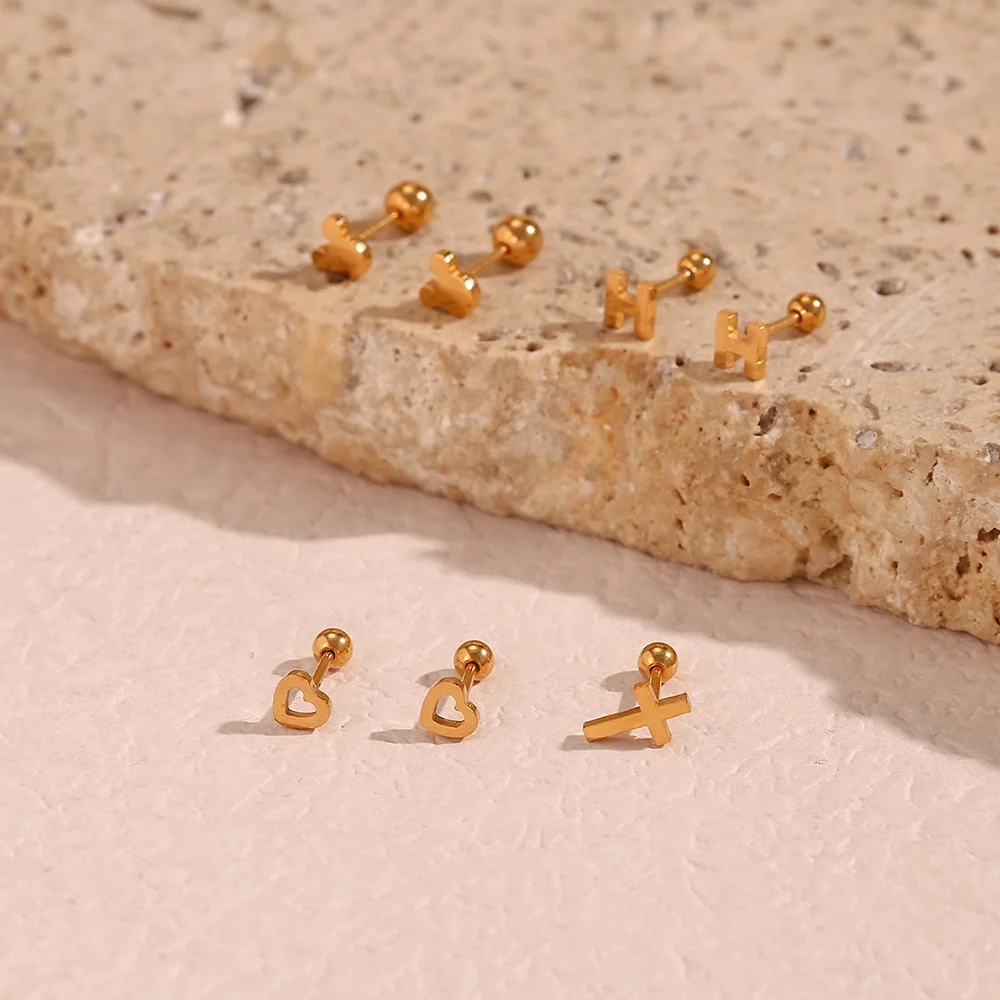 18K Gold Plated Piercing Jewelry 316L Stainless Steel Cross Stud Earring Letter H Hollow Heart Nose Stud Set