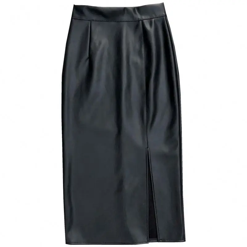 Autumn and Winter PU Leather Skirt and Velvet Front Slit Black Slim Pencil Skirt Solid Color Zipper Midi Skirt