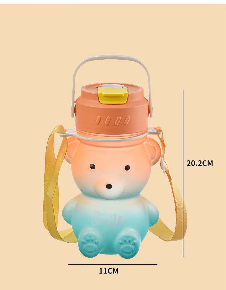 Large Capacity 350ml-1100ml Portable Water Bottle Summer Gradient Bear Design Cute Plastic Cup Girls Kids Made Silicone PP Food