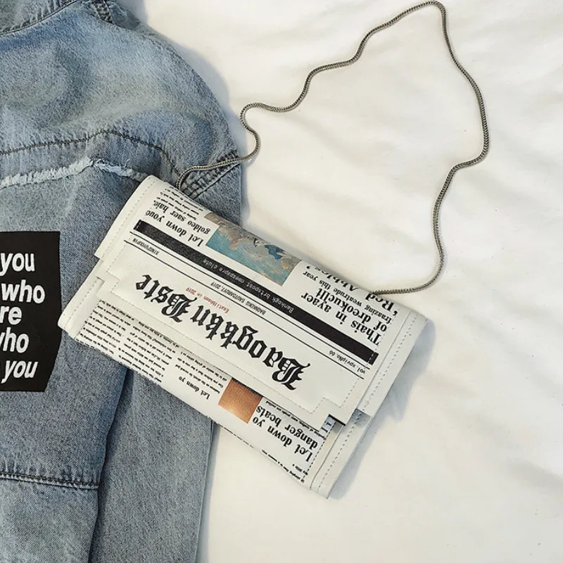 Custom Newspaper Print Casual Flap Clutches Purse crossbody Chain Shoulder Sling Bag Letter Women PU Leather Envelope bag