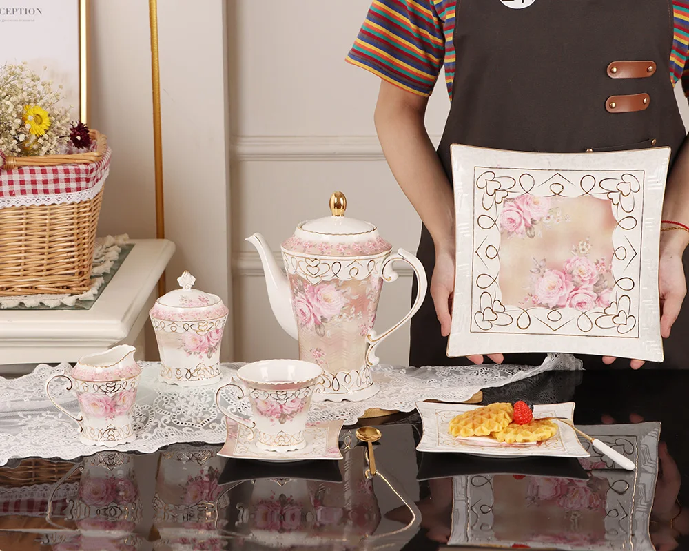 China best selling products new bone china porcelain factory storage bottle with rose decal afternoon tea set