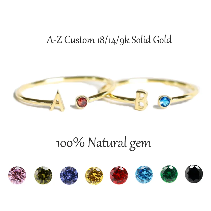 Custom 9k 14k 18k Solid Gold With real gem Diamond Birthstone letter Design modern Agreement Engagement Wedding Rings a-z