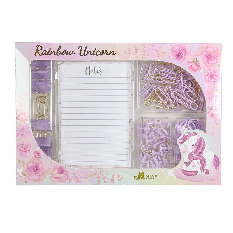 Милый подарок единорог металлическая мини-Резиновая лента зажим для скрепки и блокнот набор канцелярских принадлежностей школьников детей