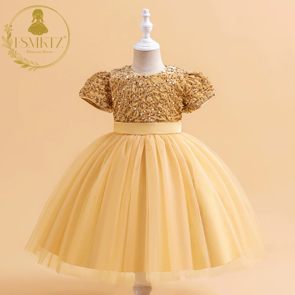 FSMKTZ Kids Party Wear Dresses For Girls Garment Children Summer Clothes Sequin Costume Birthday Toddler Girls Flower Dresses