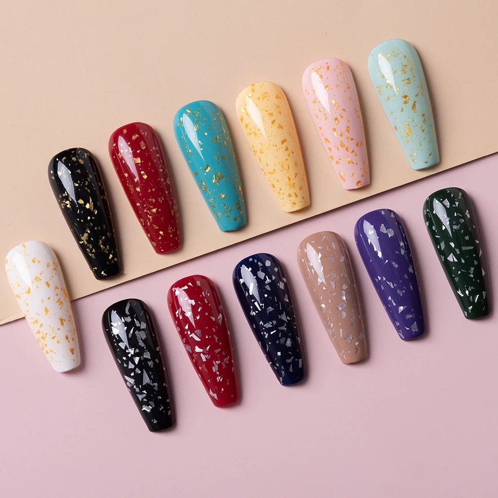 Retail /Wholesale golden flake rubber base  top coat gel polish with cosmetic grade gold flake