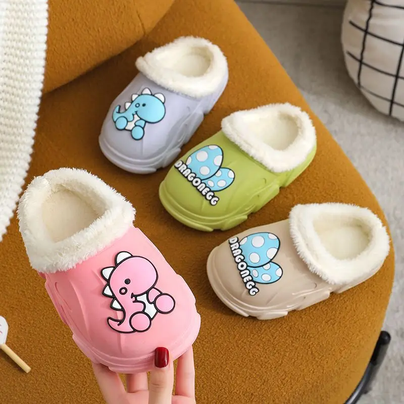 Custom Kids Cartoon Animal Dinosaur Plush Slippers Waterproof Anti Slip Winter Home Cotton Warm Slippers For Children