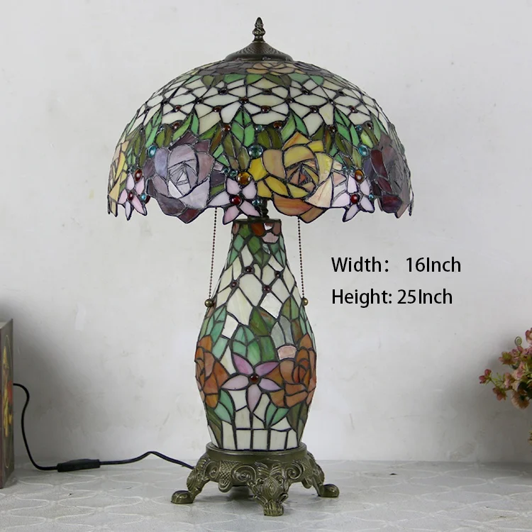 LongHuiJing Tiffany Style Table Lamp Rose Stained Glass Lampshade Desk Lights With Lighted Base 16Inch W x 25Inch Height