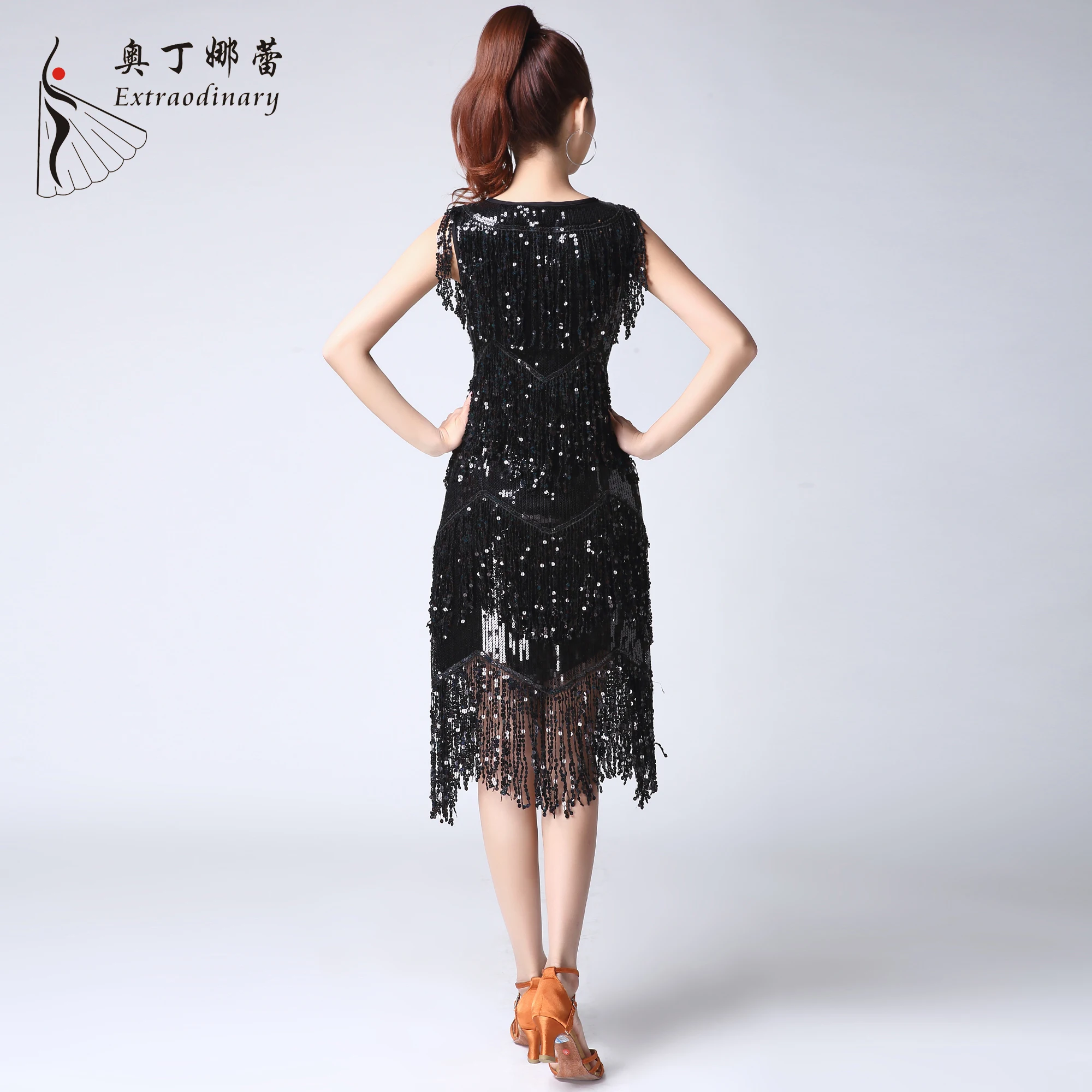 Girls Latin Sequin Dress Dance Professional Sleeveless Tango Dance Wear with Small MOQ