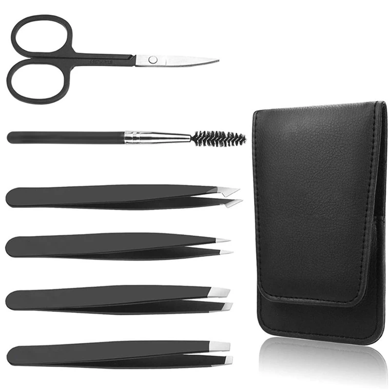 Stainless Steel Eyebrow Tweezer Slant Tip Pointed Tweezers and Scissors for Eyebrows Gift with Soft Case