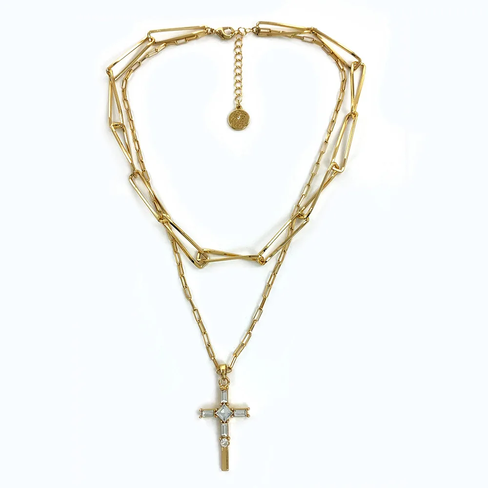 Fashion Personality Commuting Spring Simple Everything Cross Diamond Pendant Double Layer Chain Necklace