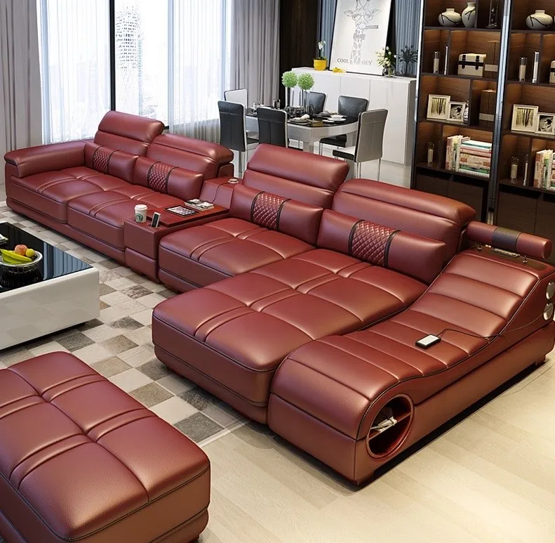 European Hotselling Living Room Sofa 7 Seat L shape leather Sofa Set Simple Modern Double Sofa with Wireless charger