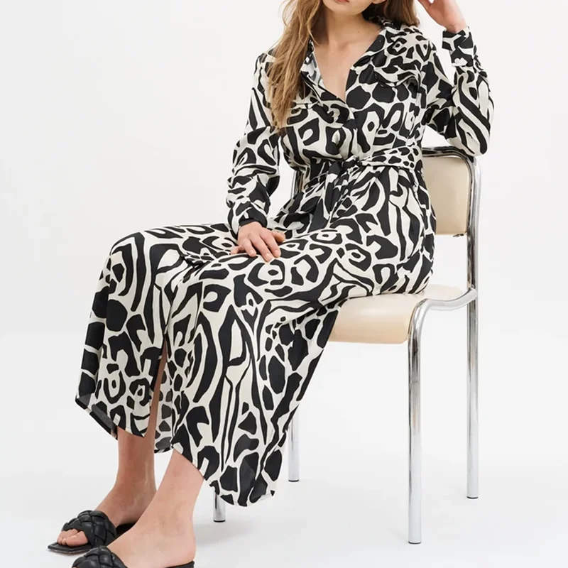 Wear Belt with Side Pockets Printing Maxi Dress Long Sleeves Shirt Dress Garments Manufacturer