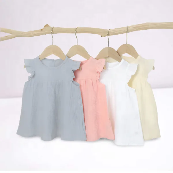 100% органический хлопок От 0 до 4 лет кружевное гофрированное плечо подол обратно оснастки Muslin Детские платья