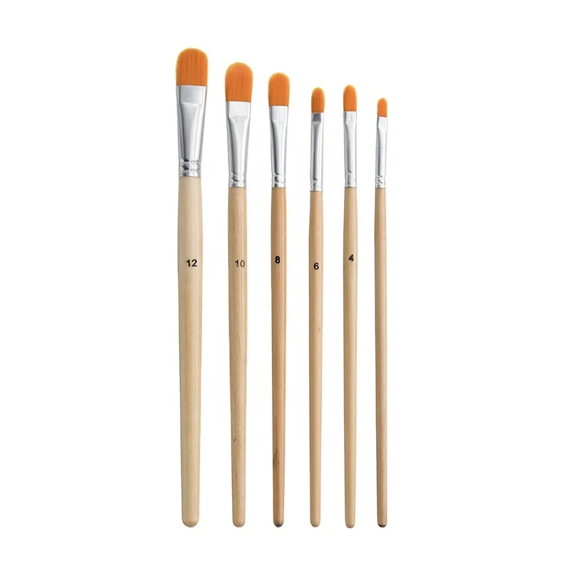 6 Piece Flat Peak Nylon Brushes Oil Brush Birch Rod Set For Watercolor Acrylic Gouache Oil Painting