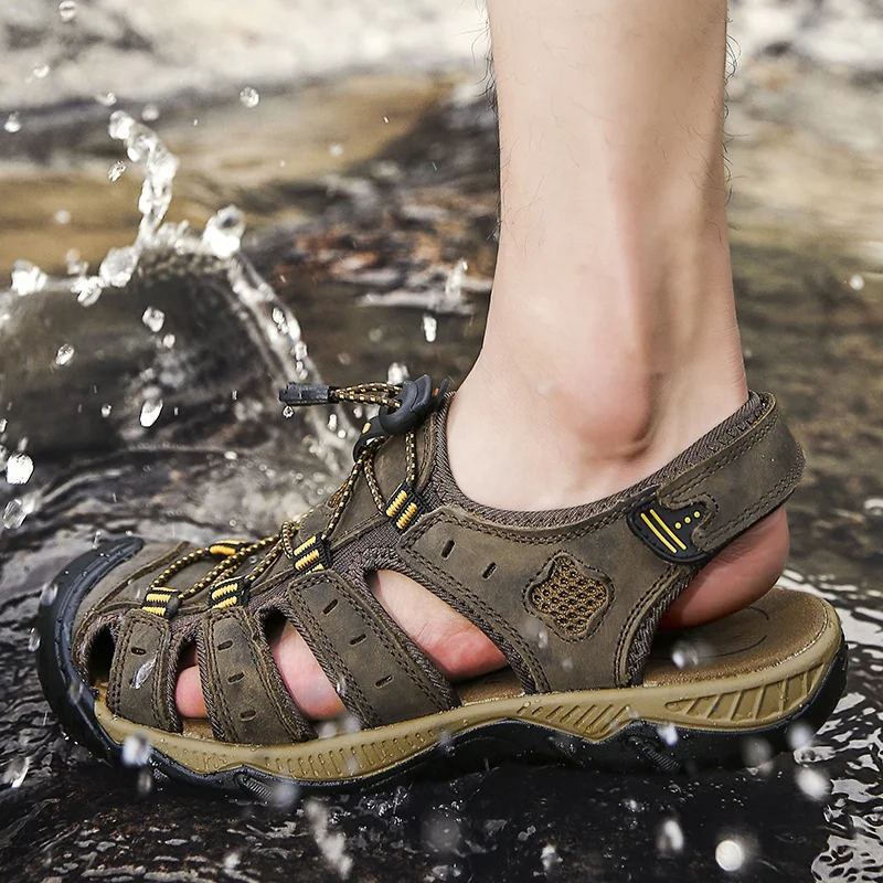 New Arrival Custom Logo Large Size Fashion Real Genuine Leather Outdoor Summer Beach Walk Men Leather Sandals
