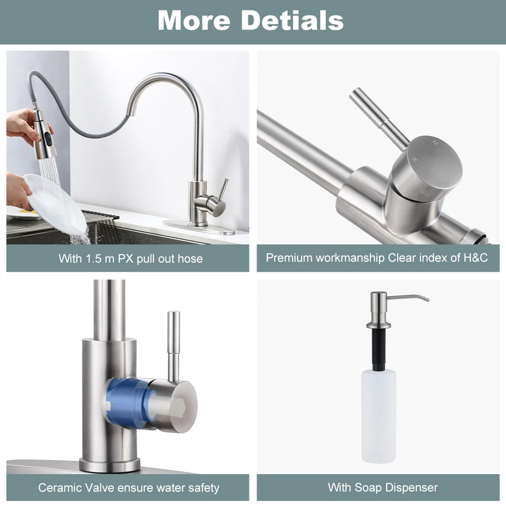Modern Kitchen Faucet for RV Bar Sink, Durable Stainless Steel Kitchen Faucet with Soap Dispenser