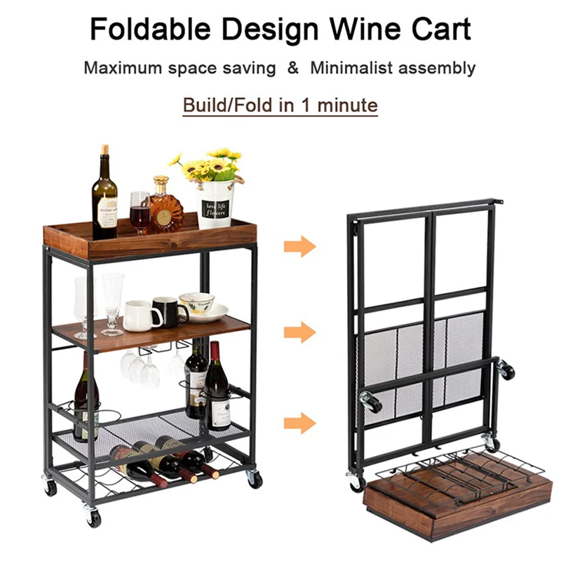 Bar Carts Mobile Wine Cart on Wheels with Wine Rack and Glass Holder 3 Tier Serving Cart Kitchen Outdoor Wood Metal