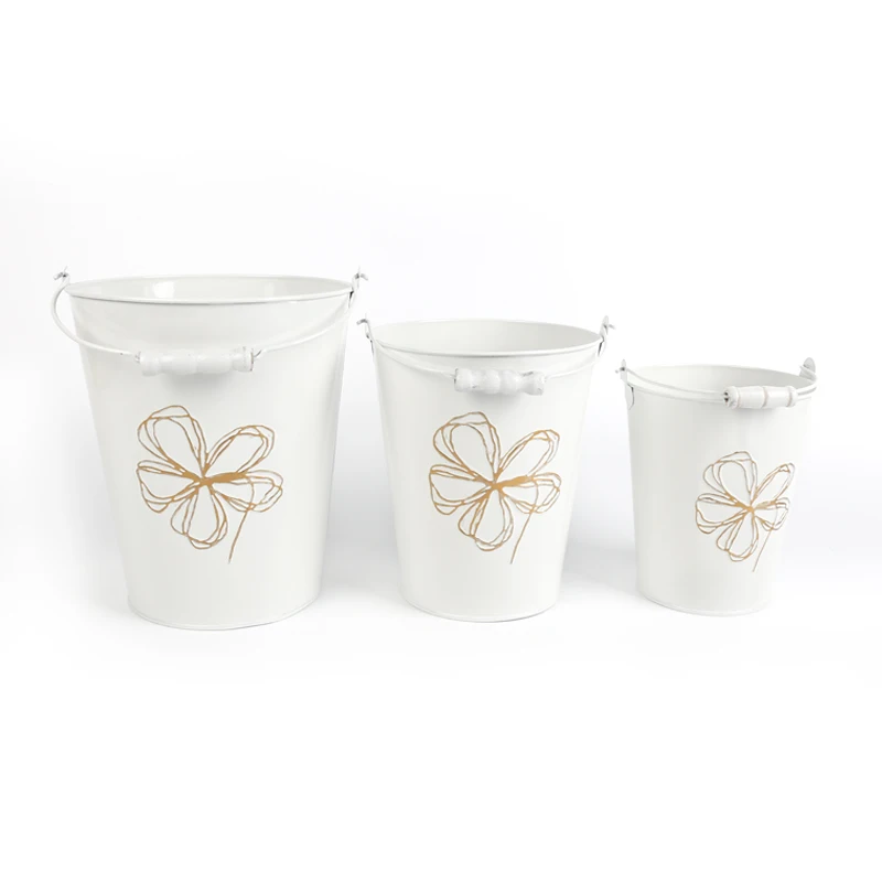 white Nordic INS style metal tin household storage tool iron bucket with wooden handle  container  packing/giftpacking