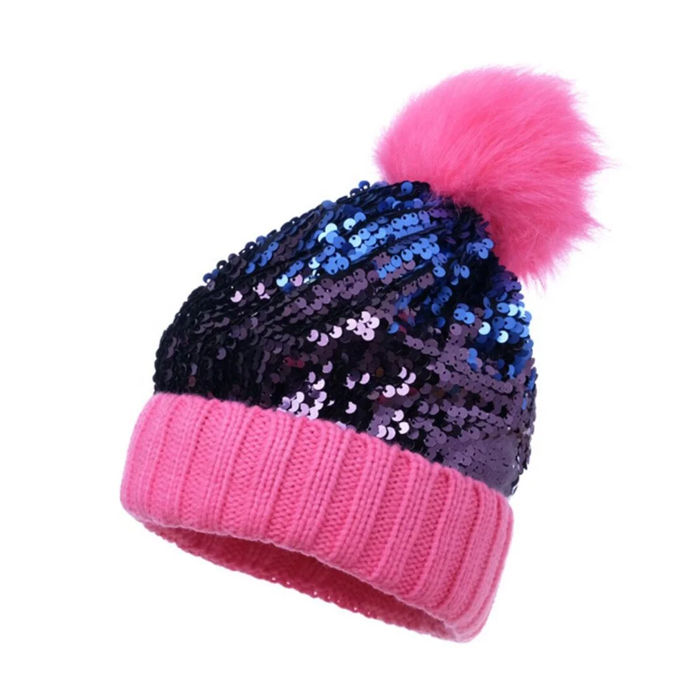 Custom Womens Beanie Hat Spangle Bling Knit Winter Beanie Women Pom Pom Bobble Hat Winter Hats For Women Beanie