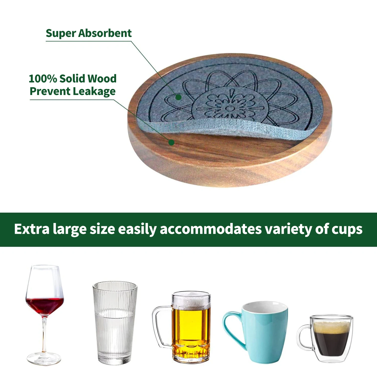 Absorbent Coaster for Coffee Tabletop Protection Non-Slip Sets of 5 Wood Coasters for Drinks