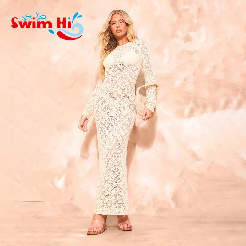 Summer Beach Bikini Cover Up Sarong Crochet Swimsuit Women Swimwear Sexy See-through Hollow Backless Long Knit Dress