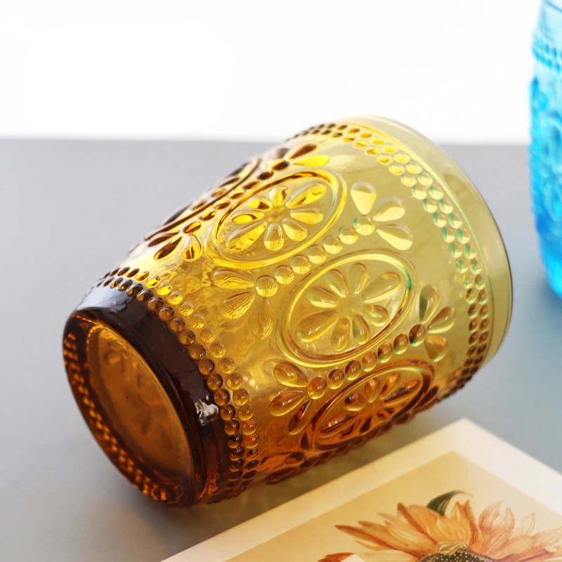 European Style Glass Creative Retro Embossed Pattern Color Crystal Water Cup Breakfast Milk