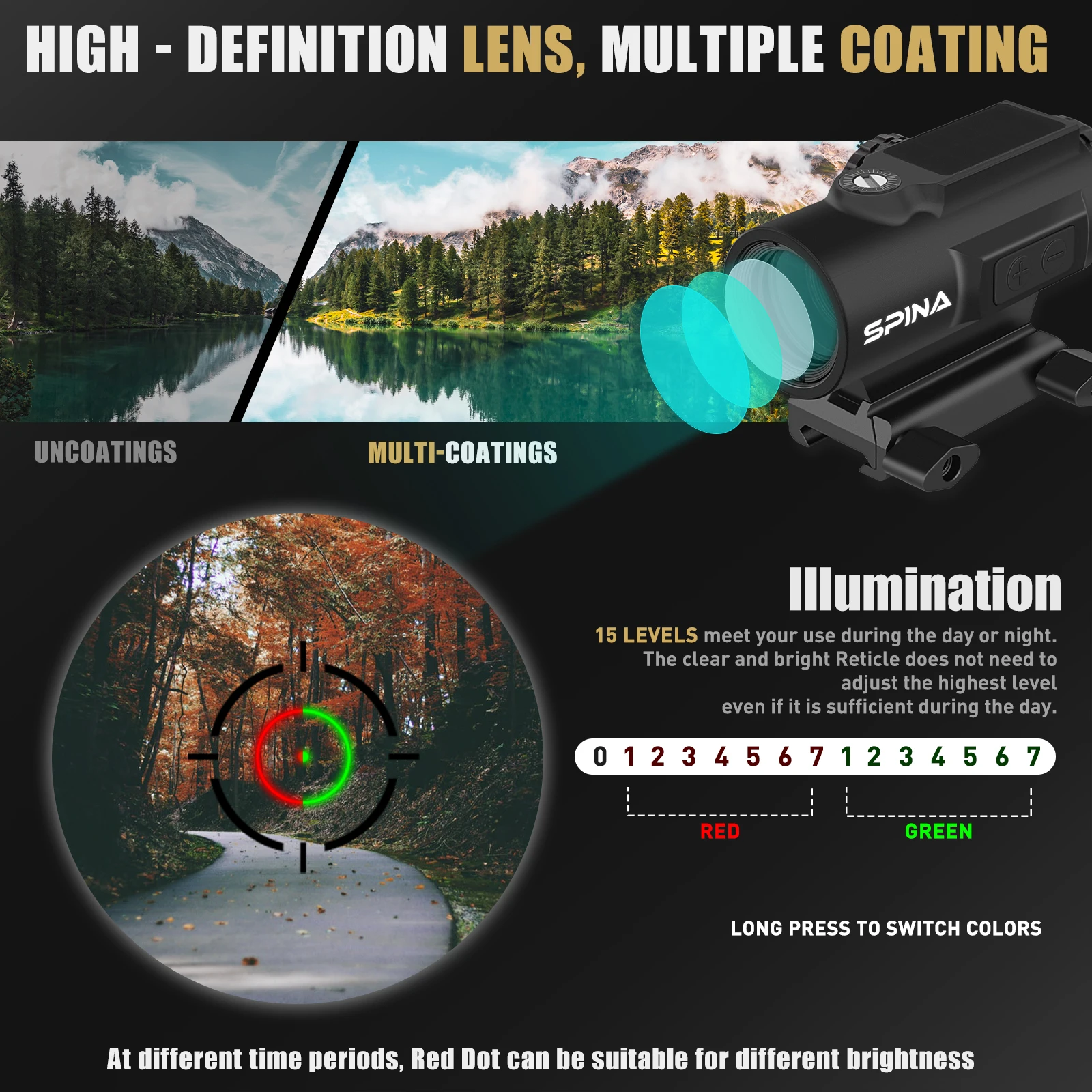 1x24 IPX7 FMC Waterproof Red Green Dot Sight Solar Hunting 1x Tactical Prism Scope